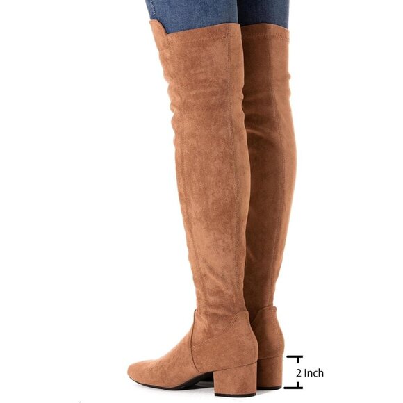 Women Brown\2 Ihch Suede Over the Knee Thigh High Chunky Block Heel Boots - Picture 4 of 6